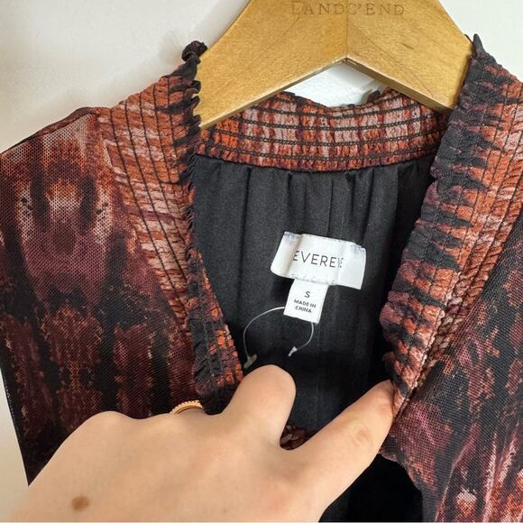 Evereve Greta Midi Smocked High Neck Mesh Printed Dress Size Small - Picture 4 of 7